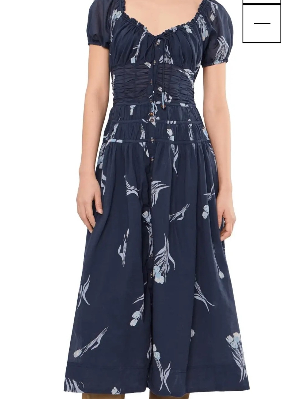 Navy Floral Smocked Midi Dress with Puff Sleeves